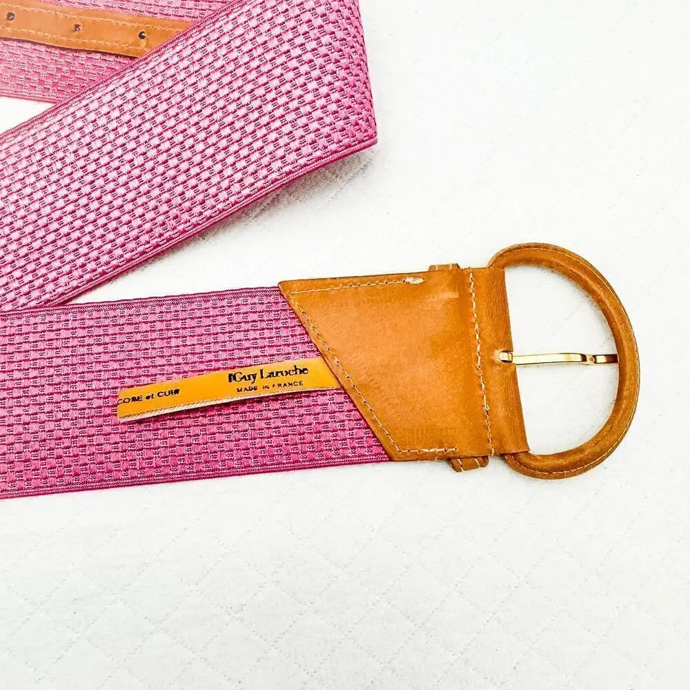 Guy Laroche France Vintage Pink Stretch Woven Color Belt Leather Accent Size 32